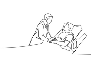 A continuous line. A female doctor is examining a patient lying on a bed in a patient room. Medical illustration. hand drawn line art vector illustration Editable stroke.