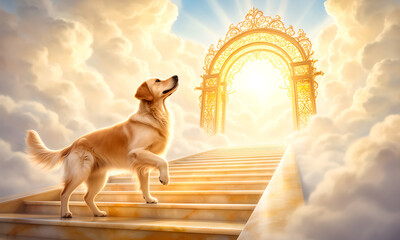 Loyal Golden Retriever dog ascends heavenly stairs towards golden gates in divine sunlit clouds
