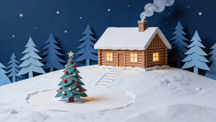 Illustration of a snowy cabin and decorated Christmas tree in paper art style. Warm light glows from the windows, creating a festive winter mood.