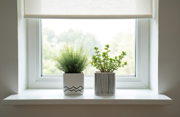 Two potted green houseplants with geometric designs sit on a white windowsill. Roller blind is pulled down above the window. Outside, trees are visible through the glass.