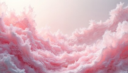 Macro view of soft pink and white fluffy texture. Delicate material folds with light pastel background. Abstract organic pattern forms waves, airy structure looks like candy floss.