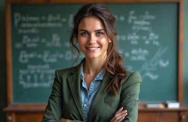 Obraz premium Smiling woman teacher stands by blackboard with math formulas. She wears a green jacket and denim shirt. Pro woman in a classroom setting. Female educator ready to teach.