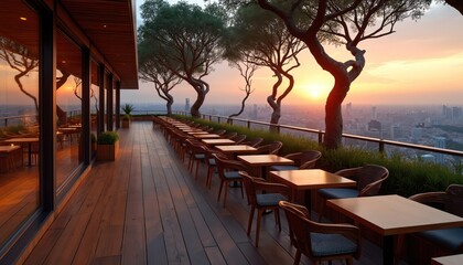 Naklejka premium Modern rooftop cafe terrace offers panoramic city view at sunset. Empty tables and chairs await guests on the wooden deck. Trees frame the tranquil cityscape, perfect for dining or relaxation.