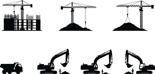 Heavy construction machinery silhouette set, excavator and tower crane vector icons, building site equipment illustration, industrial dump truck and worker silhouettes, isolated, © ASH Labs