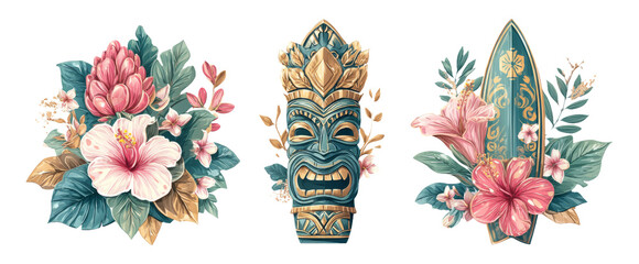 Tropical Style Illustration Featuring Vibrant Floral Elements and Cultural Symbolism