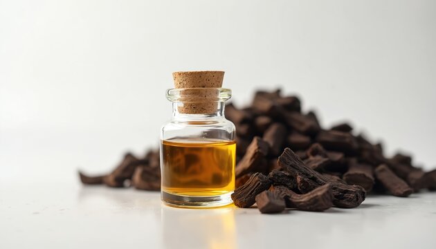 Agarwood oil in small glass bottle with oud wood chips. Amber liquid aroma. Natural fragrance for perfumery aromatherapy wellness. Luxury oud resin.