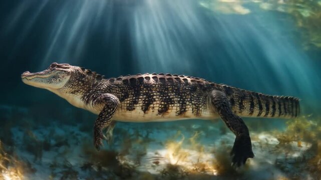 Crocodilian glides through sunlit blue water, shadowed kelp trailing, ripples shimmering beneath...