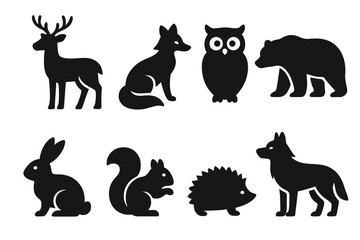 Fototapeta premium Forest Wildlife Icons. Solid style icons of forest wildlife: deer, fox, owl, bear, rabbit, squirrel, hedgehog, wolf, No text, No