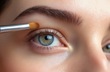 Close up of woman eye area. Makeup artist applies cosmetic product to eyebrow with brush. Female brow grooming procedure for perfect makeup.