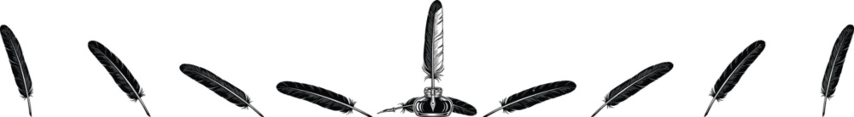 Vintage quill feather pen and inkwell set, antique writing instrument silhouettes, classic calligraphy tools, retro literature icons, poetry and law office vector illustration, © ASH Labs