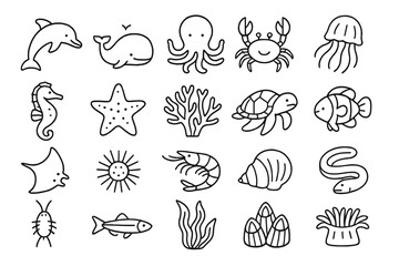 Obraz premium Sea Life Icons. Line style icons of Sea Life: dolphin, whale, octopus, crab, jellyfish, seahorse, starfish, coral, sea turtle,