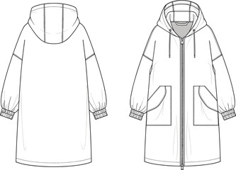 Women oversized hooded long jacket technical sketch, zip up parka front and back view, fashion flat template, outerwear garment illustration, clothing design, © ASH Labs