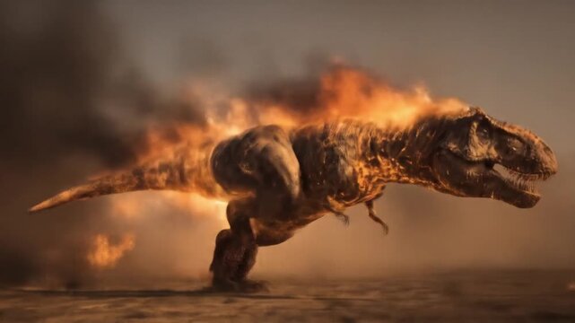 Monstrous, fire-soaked quadruped lurches across a barren desert, roaring! embers trailing behind ash