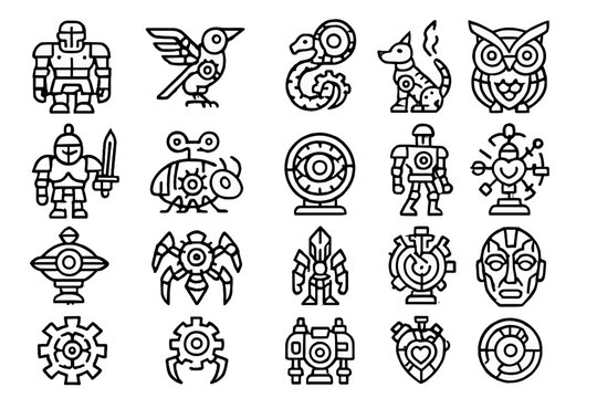 Mechanical Guardian Icons. Line style icons of Mechanical Guardians: iron sentinel, clockwork bird, gear serpent, bronze owl,