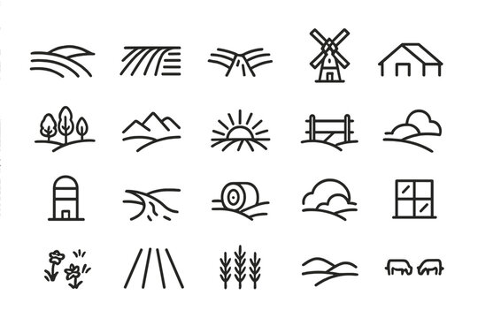 Farm Landscape Icons. Line style icons of Farm Landscape: rolling hills, field rows, irrigation canal, windmill tower, barn roof,