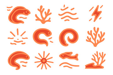 Obraz premium Neon Coral Electric Eel. olid style icons of Neon coral electric eel: glowing eel, bright coral, ocean light, pulse wave, sea