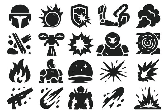 Sci-Fi Battle Icons. Solid style icons of Sci-Fi Battlefield: soldier helmet, laser burst, energy field, robotic limb, battle