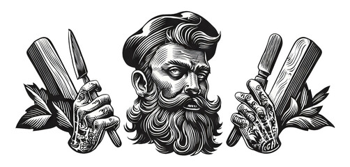Artisan Portrait of a Bearded Character Holding Tools in Monochrome Illustration