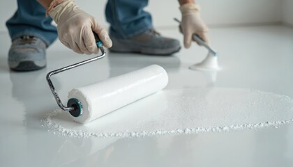 Worker applies white floor coating using paint roller indoors. Person wears gloves, blue jeans, safety shoes, performing home improvement task. Focus on renovation process, new surface layer creation.