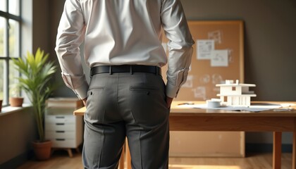 Man in suit stands with hands in pockets in modern office. Architect looks at building model on desk. Planning project near window with plant.