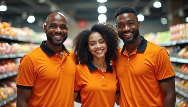 Three smiling diverse supermarket employees stand together in orange polo shirts. Appear friendly, helpful, ready to assist customers with shopping needs. Teamwork, positive staff attitude evident.