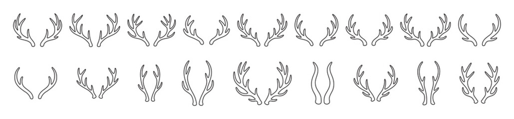 Set of different antler designs in black outline isolated on white background. concept of icon, logo, wildlife, nature, decoration, rustic art, design element.