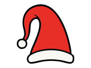 Fototapeta premium Red santa hat illustration with black outline, festive holiday wear, christmas decor concept for seasonal celebrations, isolated on white background, ideal for winter festivity icons