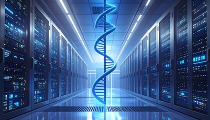 Data center with dna helix representing genetic information and technology