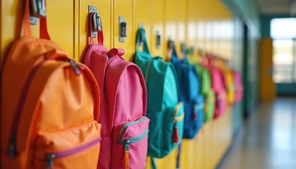 Colorful backpacks hang on yellow school lockers. Bags of various sizes and colors are neatly arranged. Kids get ready for lessons. Children start school. Students prepare for study.