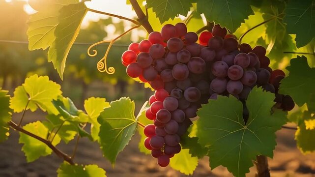 Sun-Kissed Red Grapes on Vine in Golden Hour Vineyard Ripe for Harvest.