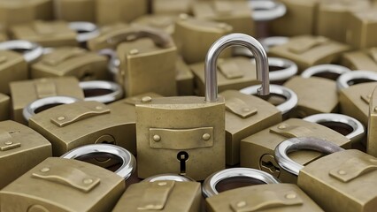 Security Fortress: An image capturing a collection of gold padlocks, symbolizing protection and security. One lock stands open, a symbol of vulnerability or opportunity.