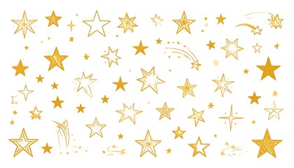 Elegant celestial pattern of diverse hand-drawn yellow stars on a white background
