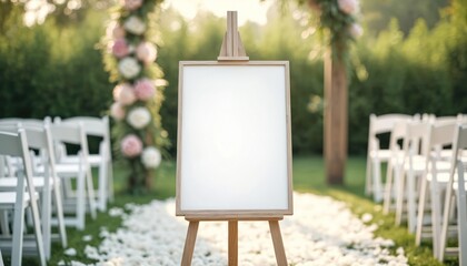 Outdoor wedding ceremony venue setup with empty welcome sign on easel near floral arch. White chairs and petals adorn pathway for guests arriving at event.