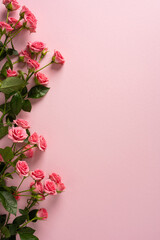 A vertical delicate bouquet of pink roses runs along a soft pink backdrop, creating a romantic valentine mood perfect for greeting cards, romance themes and love celebration visuals