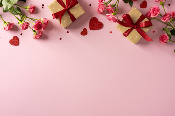 A romantic Valentine scene with a soft pink backdrop, pink roses, gift boxes with red ribbons, and...