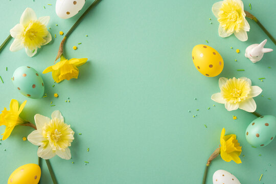 Pastel Easter scene featuring a single egg, bright daffodil blooms, a white bunny, and green accents on a soft mint background to convey a festive spring mood and warm greeting