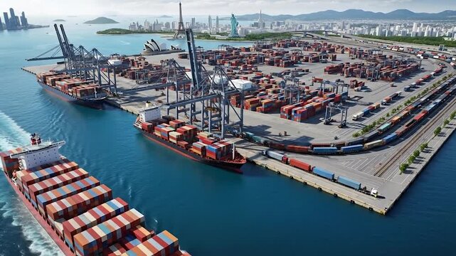 Global Container Port Logistics Aerial View of Busy Shipping Terminal Cargo Ships Cranes.