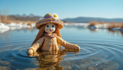 Straw doll floats on water surface, representing winter end and spring beginning. Traditional Polish custom to banish cold and welcome warmer days with symbolic effigy.