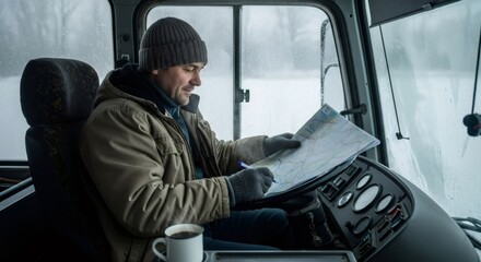 Caucasian man sitting inside a truck and looking at a paper road map, concept of route planning and navigation in winter.
