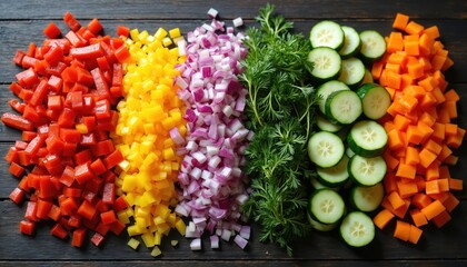 Rows of fresh chopped vegetables including red pepper, yellow pepper, onion, carrots, cucumber slices, and chopped carrots are laid out on a dark wooden table for cooking prep.
