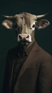 Man in a costume with a cow head, wearing suit and tie, performing a dramatic act.