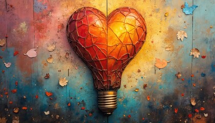 Heart shaped light bulb with wireframe on textured background. Scattered autumn leaves fall, colorful paint splatters create abstract art. Idea concept for love inspiration, new concept.