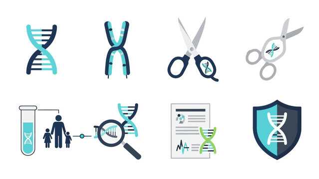 Genetic research icons: dna tests, analysis tools, and laboratory