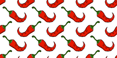 Spicy red chili pepper seamless pattern. Hot paprika for menus, food packaging, hot sauce labels, and spicy recipe designs