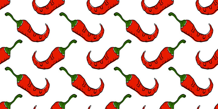 Spicy red chili pepper seamless pattern. Hot paprika for menus, food packaging, hot sauce labels, and spicy recipe designs