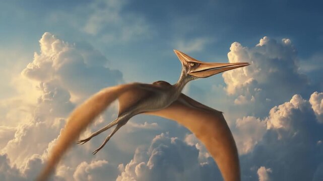 Majestic pterosaur glides above sunlit clouds, wings wide, beak forward, serene sky, vast horizon!!