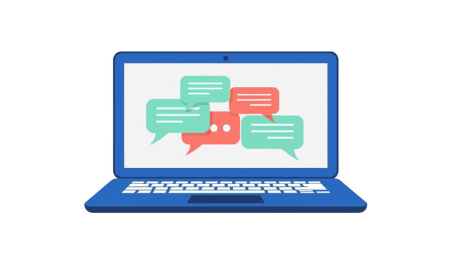 Colorful chat bubbles on blue laptop for online communication concept