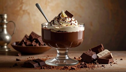 Elegant chocolate dessert in a glass with whipped cream and chocolate shavings on wooden surface