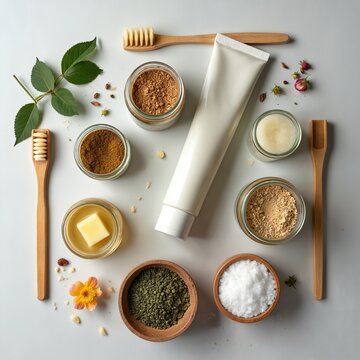 Homemade organic toothpaste ingredients and bamboo toothbrush laid flat. Natural dental care products with herbs, powders, and oils for healthy teeth and gums, eco-friendly personal hygiene.