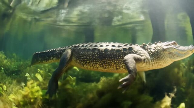 Underwater, a large crocodilian glides among aquatic plants and sunlit filters through green depths